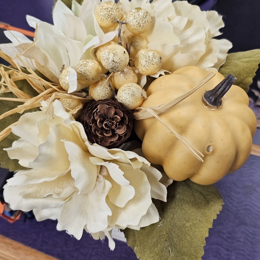 Fall Flower Pumpkin Arrangement, Autumn Farmhouse Decor, Dining Centerpiece